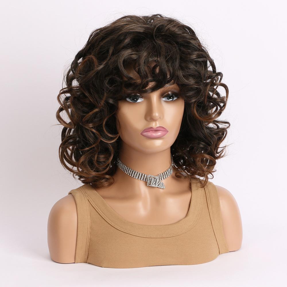 Women Synthetic Curly Fluffy Wig With Bangs Ladies Mixed Black Brown Wig Daily Party Cosplay Use Heat Resistant Fiber Wig