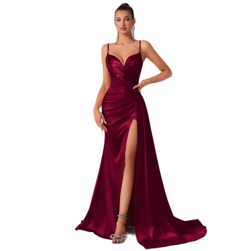 Elegant Satin Slip Dress With Side Slit Slim Fit Sleeveless Evening Gown Formal Party Hostess