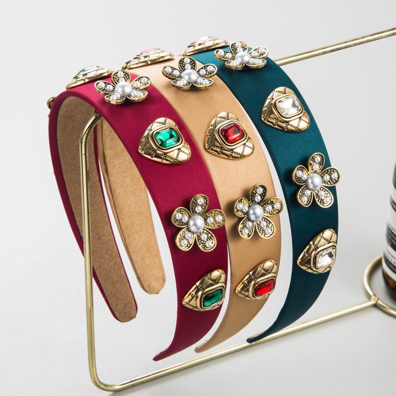 

Женский обруч для волос в стиле барокко, винтажная повязка на голову с цветком и жемчугом, стеклянный орнамент для волос