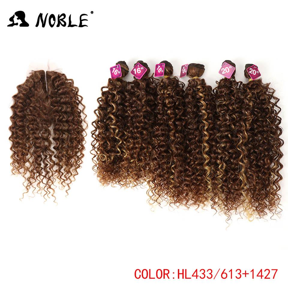 Noble Afro Kinky Curly Hair Weave 16-20 inch 7Pieces/lot Synthetic Hair Bundles With Closure Middle Part Lace  Closure