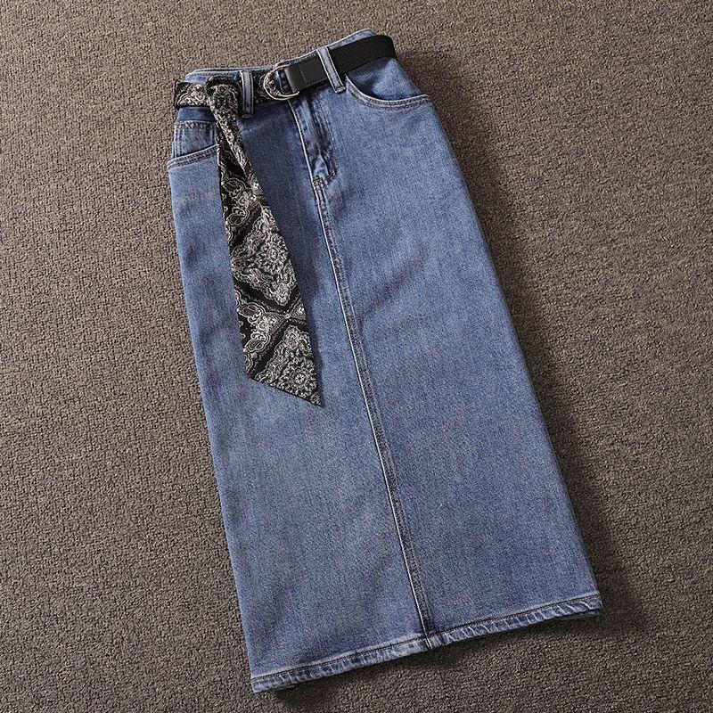 

Юбка из голубого денима прямого кроя с высоким поясом и разрезом сзади Dark blue((E6-2)) XL