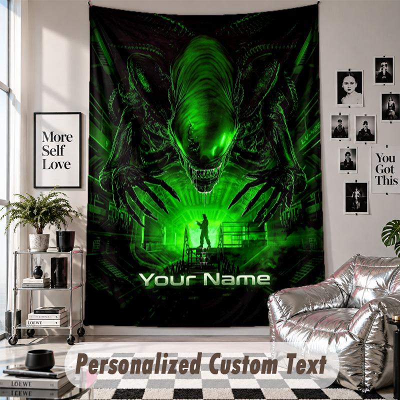 Custom Tapestry Wall Hanging, Alien Xenomorph Personalized Name Text Home Wall Decor