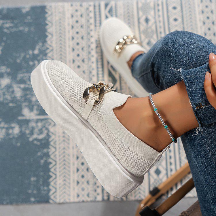 Chunky Sole Fly-Knit Slip-On Loafers with Chain Decoration - Women's Breathable Low-Top Shoes