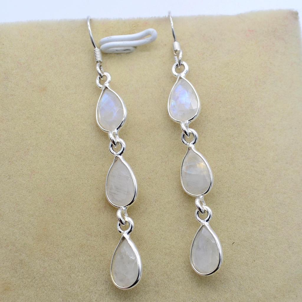 Natürlicher Mondstein handgefertigter Ohrring 925 Sterling Silber Schmuck Damen Ohrhänger