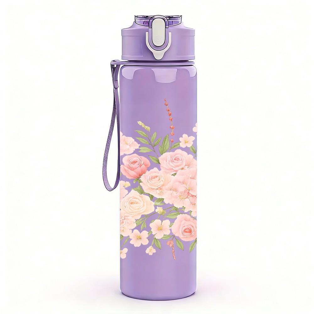 1PC Soft Pink Floral Bouquet 750ml Color Plastic Sports Water Bottle Leakproof Flip Straw Lid Suitable for Sports Office Home Use
