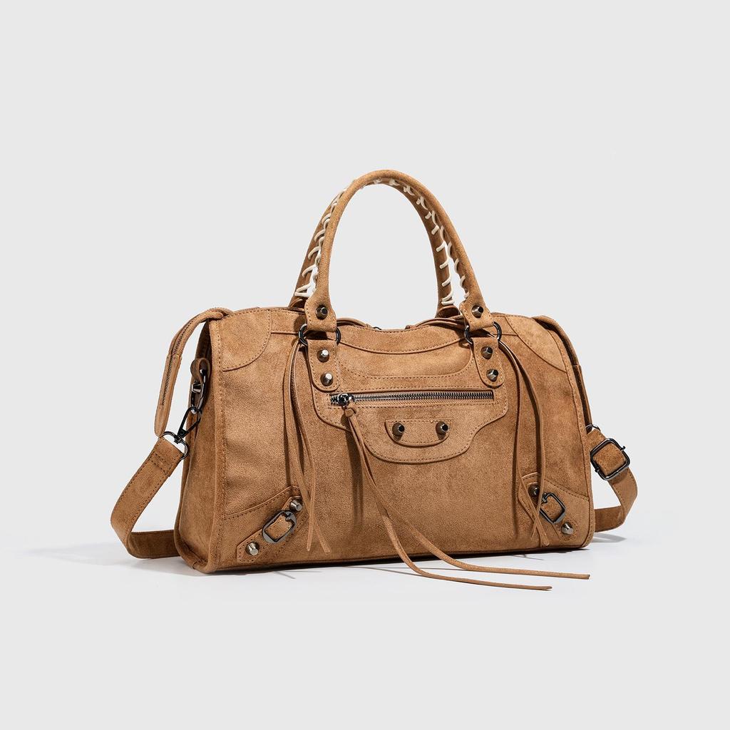 2026 Retro Distressed Suede Motorcycle Crossbody Bag with Rivets - Large Capacity & Soft Texture