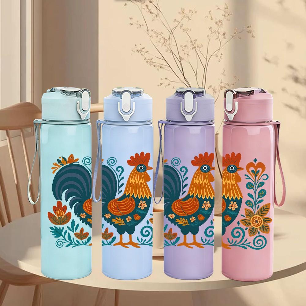 1PC Rooster Floral Farm 750ml Color Plastic Sports Water Bottle Leakproof Flip Straw Lid Suitable for Sports Office Home Use