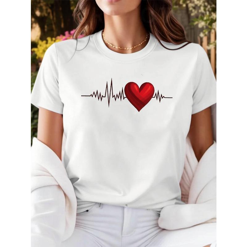 Easy Heart Beat Print Women'S Short-Sleeve Round Neck Casual T-Shirt for Everyday Wear and Outings
