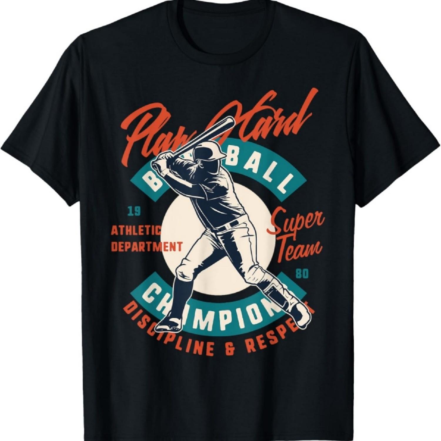 Бейсбол Играй усердно Винтажная стилизованная эмблема Футболка S