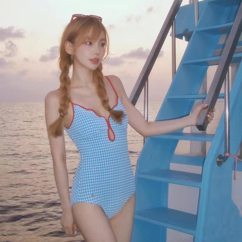 French Blue Gingham Retro Slimming Tie-Up One-Piece Swimsuit