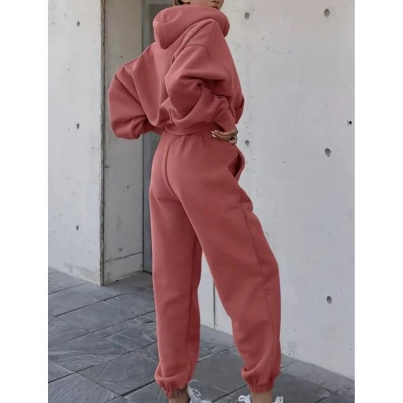 Women's Fall Solid-Color Casual Sports Set: Cropped Hooded Sweatshirt + Sweatpants—Simple Two-Piece Set