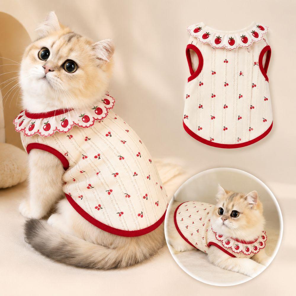 Sweet Cat Pullover Cherry Pattern Pet Shirt Cute Cat Flower Edge Vest Pet Clothing