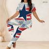 Women Plus Size White Red Blue Printed Round Neck Short Sleeve Longline Top Fitted Pants Two Piece Set