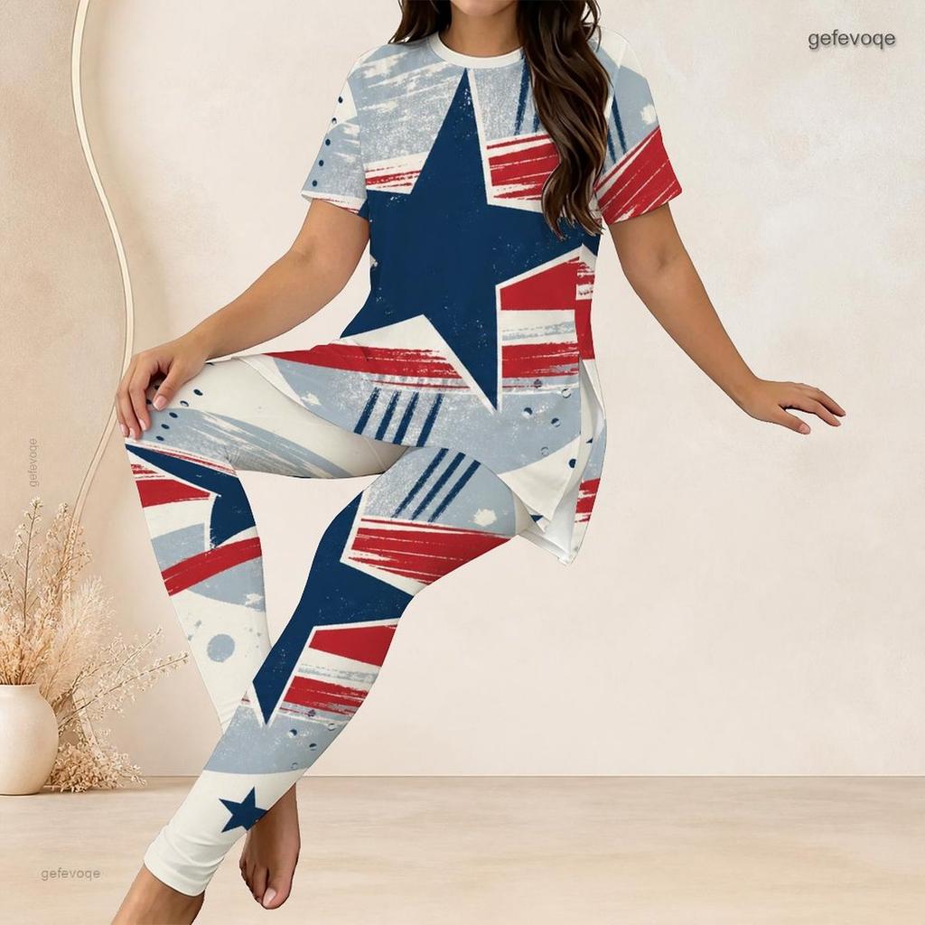 Women Plus Size White Red Blue Printed Round Neck Short Sleeve Longline Top Fitted Pants Two Piece Set