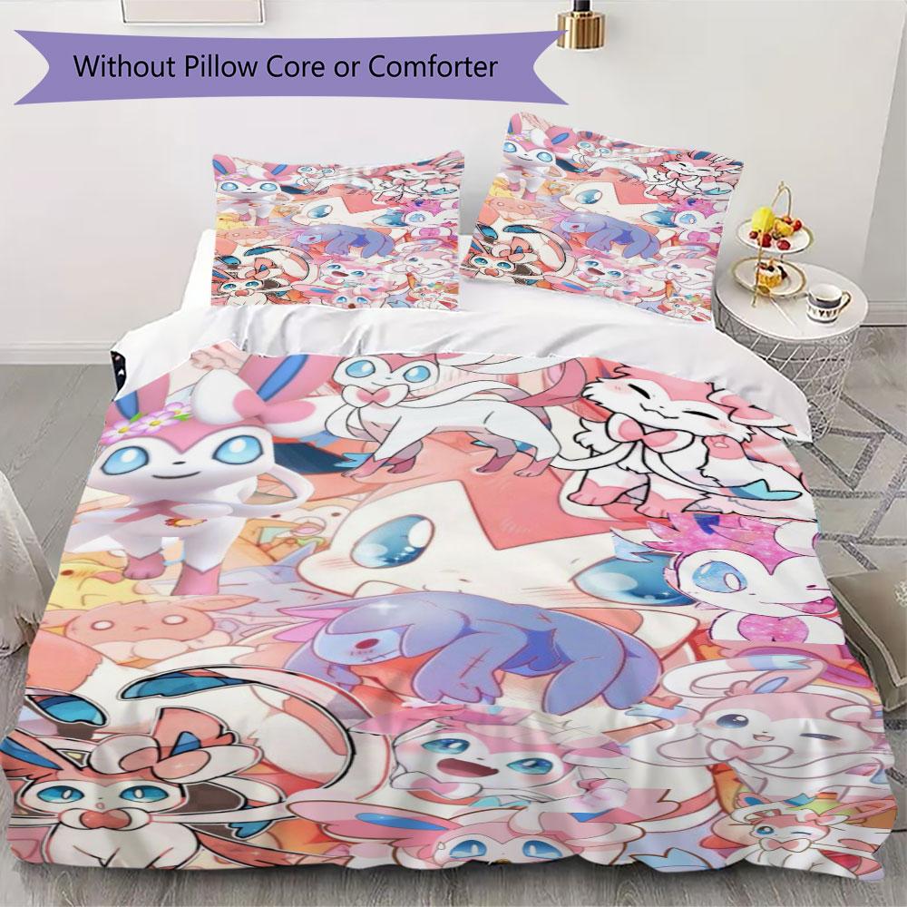 Sweet Sylveon Print Bedding Set 3Pcs Duvet Cover Pillow Shams Bedroom Decor for Anime Lovers