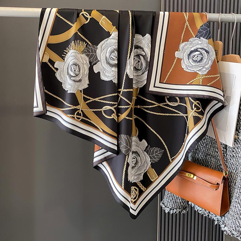 90×90Cm Retro Double-Sided Printed Scarf Neck Scarf High-End Fashion Age-Reducing Silk Scarf Fashionable Scarf With Shawl