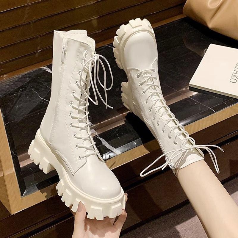 Petite Women's White High-Top Martin Boots, Thick-Soled British Style Mid-Calf Shoes for Spring and Autumn 2025.