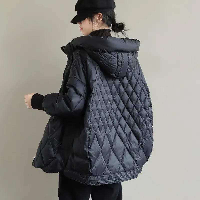 Women Light White Duck Down Jacket Casual Loose Over Size Autumn Winter Outwear with Hood Coat
