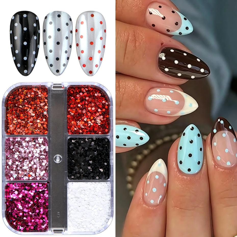 Xiaomi 6 Grids Polka Dot Nail Art Sequins Red Pink Black White Round Dot Nail Glitter Flakes Confetti Manicure Nail Charms Decorations