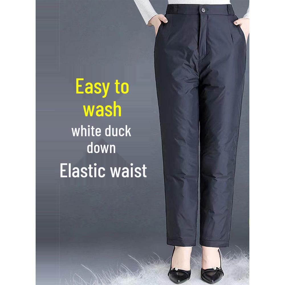 High-Waisted Plus Size Women's Winter Down Pants - Loose, Thick, Warm White Duck Down, Straight Leg for Middle-Aged and Elderly.