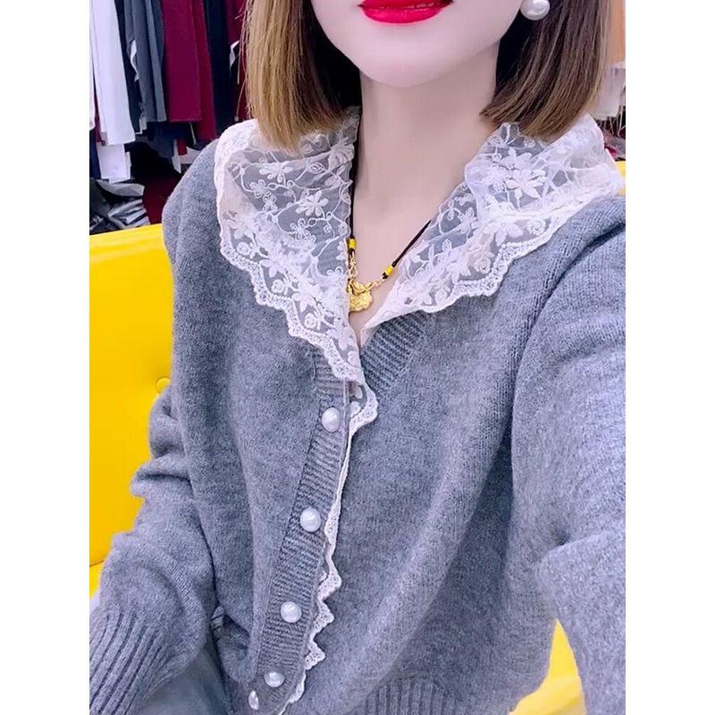 Gray Lace Patchwork Hooded Knit Sweater for Women, 2026 Autumn New High-End Light Luxury Fashion Versatile Top Gray 2XL