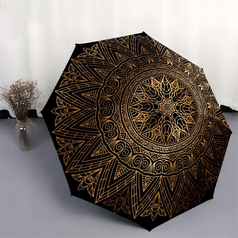 Golden Mandala Pattern Circular  Umbrella, Portable 3 Fold Compact Umbrella for Men & Women,S185