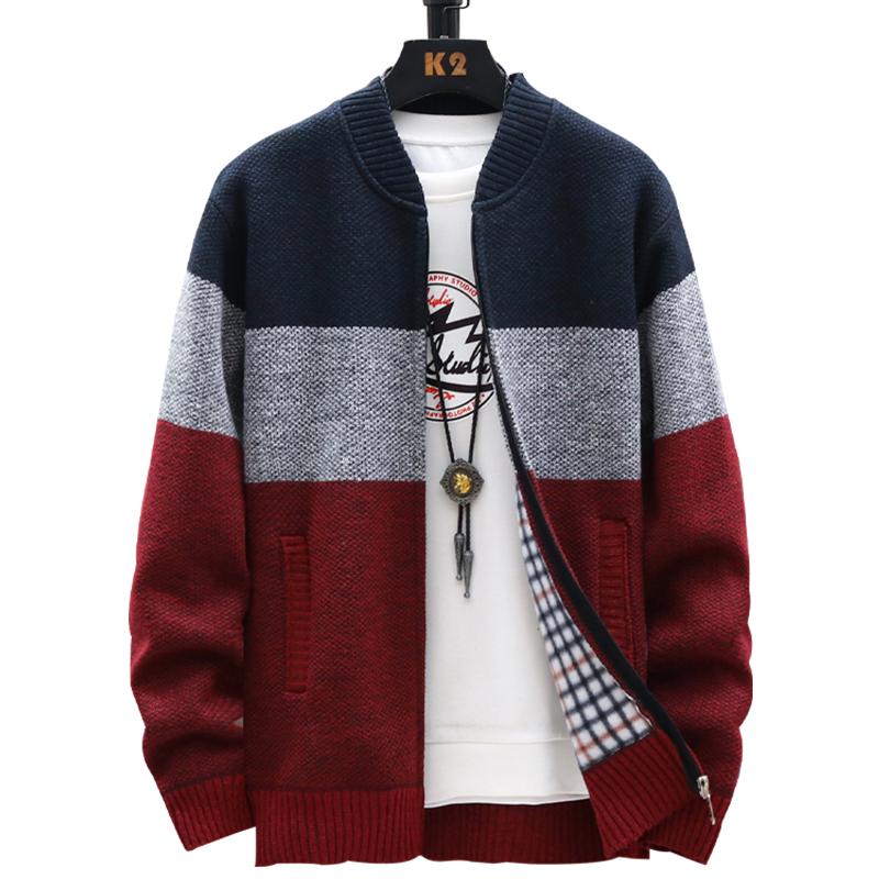 Herbst Winter Strickjacke Pullover Männer Fleece Zipper Pullover Samt Kontrast Gestreiften Pullover Mäntel Casual Jacken