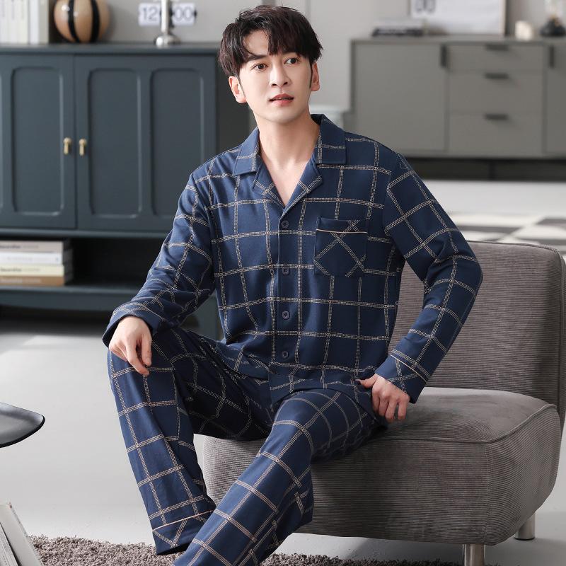 Pure Cotton Men's Pajamas Long-sleeved Suit Spring and Autumn Plus Size Youth Loungewear Autumn and Winter Plaid New Autumn Models