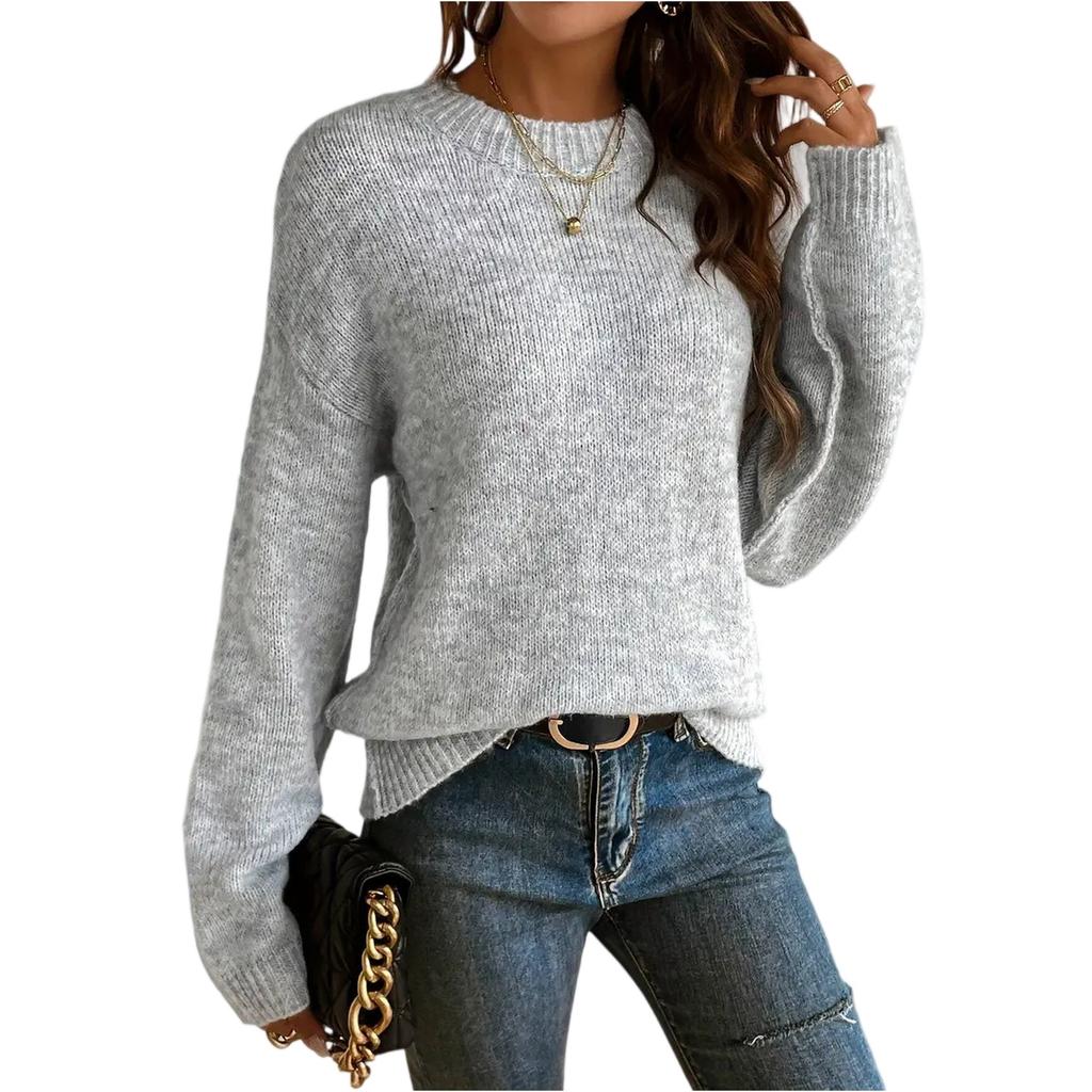 Women's Casual, Stylish, Loose-fitting Round Neck Knitted Solid Color Pullover Sweater
