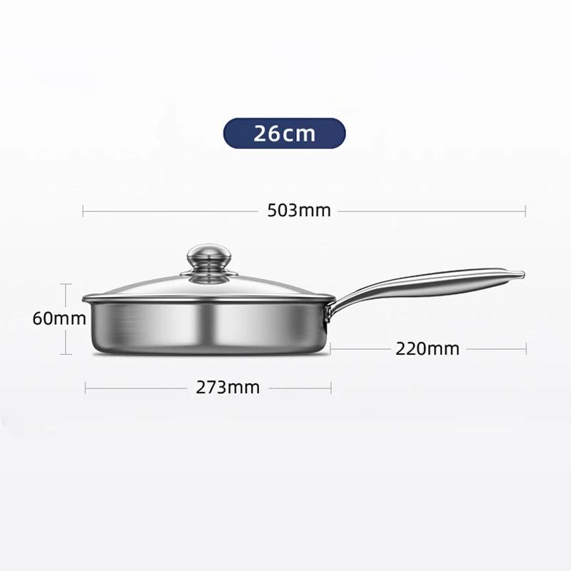 26/28cm With Glass lid Frying Pan Stainless Steel Cooking Pot Non Stick for Cooking Steak Pancake Egg for induction Cooker