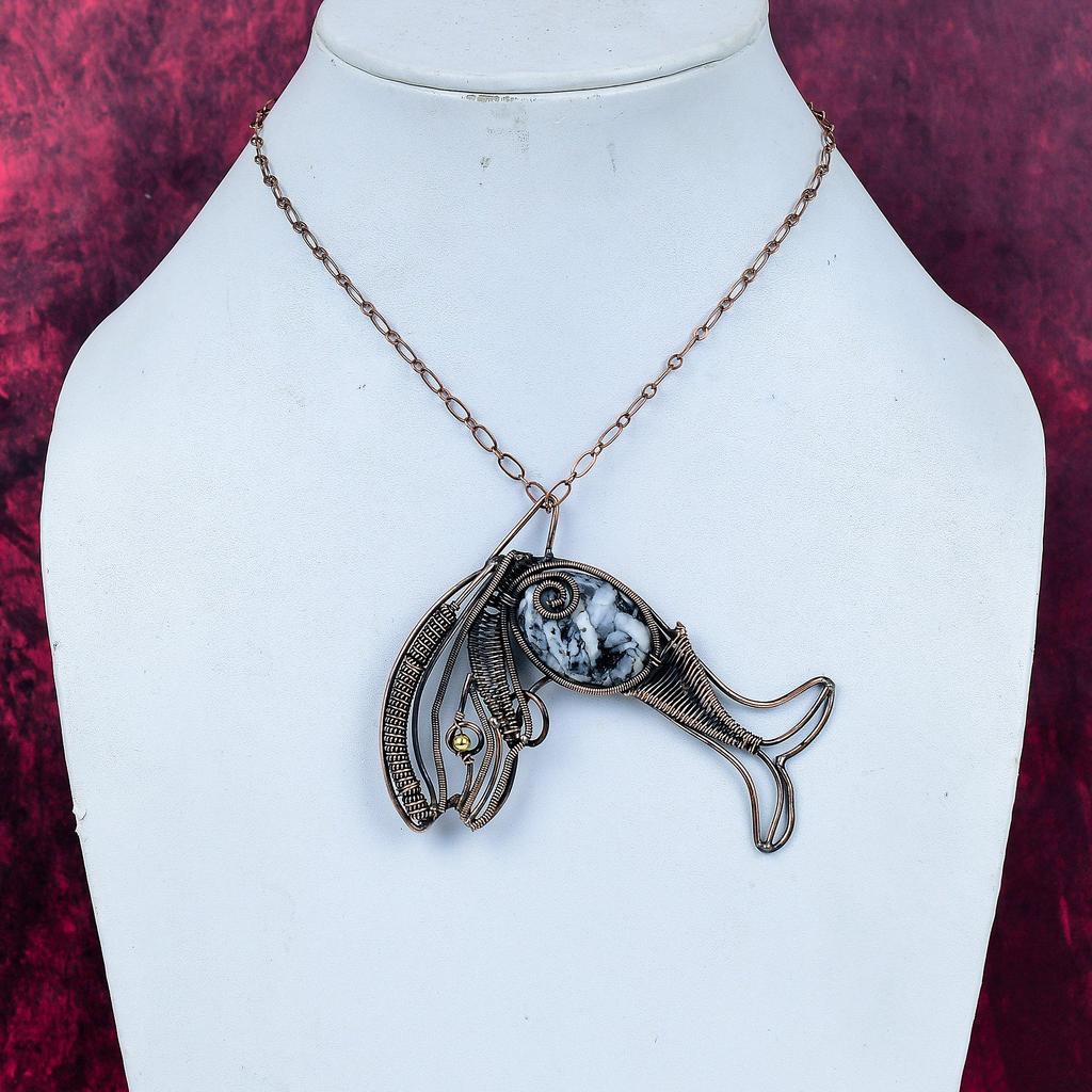 Pinolith Jasper Gemstone Pendant Copper Wire Wrap Fish Pendant Handmade Jewelry