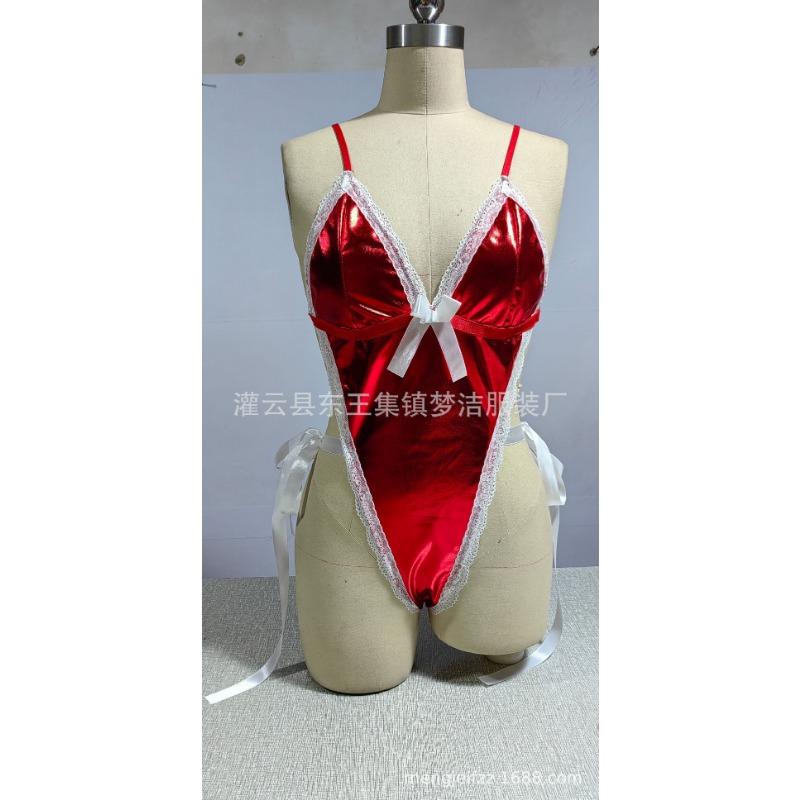 Sexy lingerie black patent leather female sexy hollowed-out three-point onesie Halloween party suit