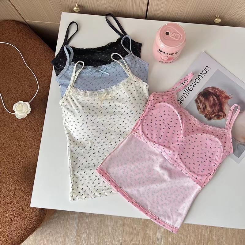 Elegant Lace Flower Print Y2K Slim Sexy Vest Floral Tops One Size Floral Tank Tops Spring