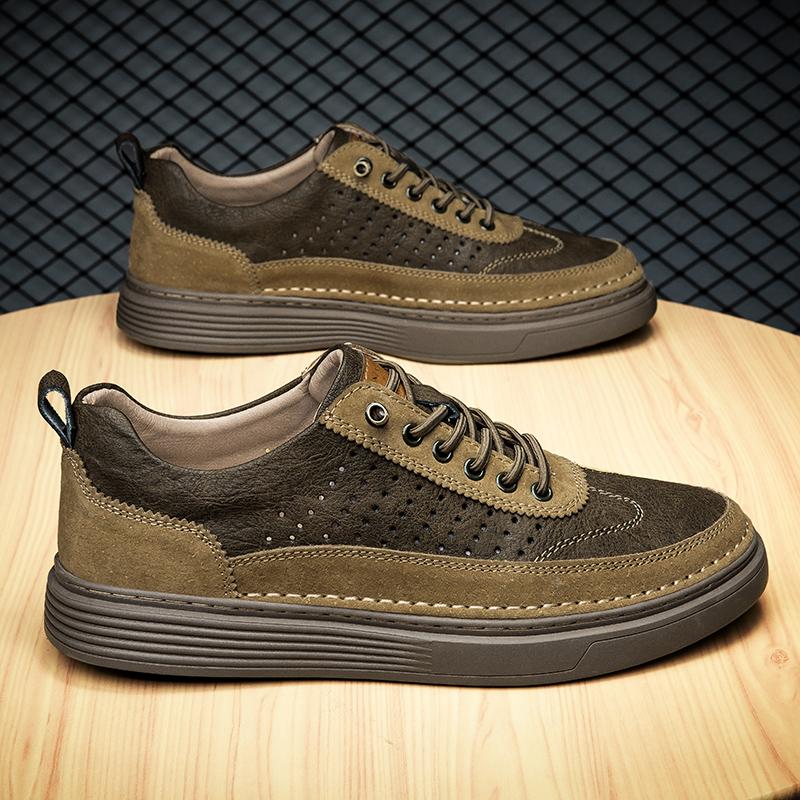 Fashion Summer Hollow Breathable Sneakers Outdoor Hiking Shoe Casual Genuine Leather Fashion Lightweight Footwear Lace-up Soft Sole Shoe
