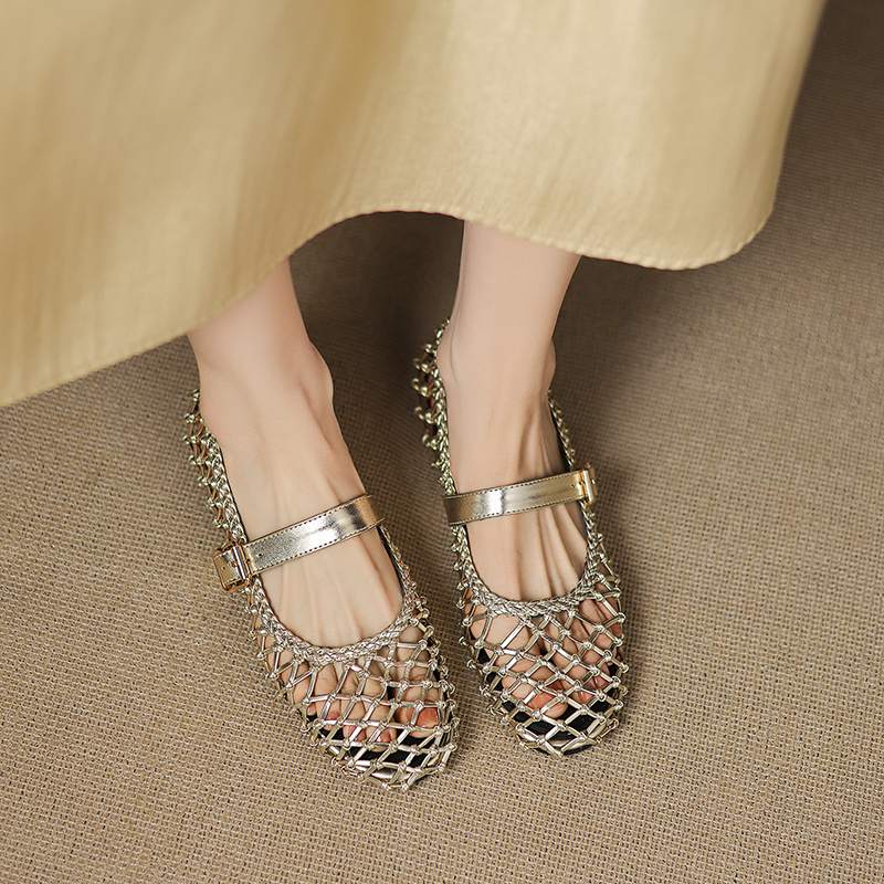 Krazing Pot Straw Weaving Mary Janes Summer Size 42 European Design Thick Flat with Women Women Round Toe Flats