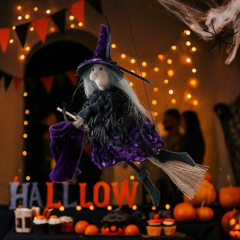 Witch Hat Broomstick Witch Ornament Gothic Broomstick Girl Doll Ghost Witch Pendant  Indoor Decor