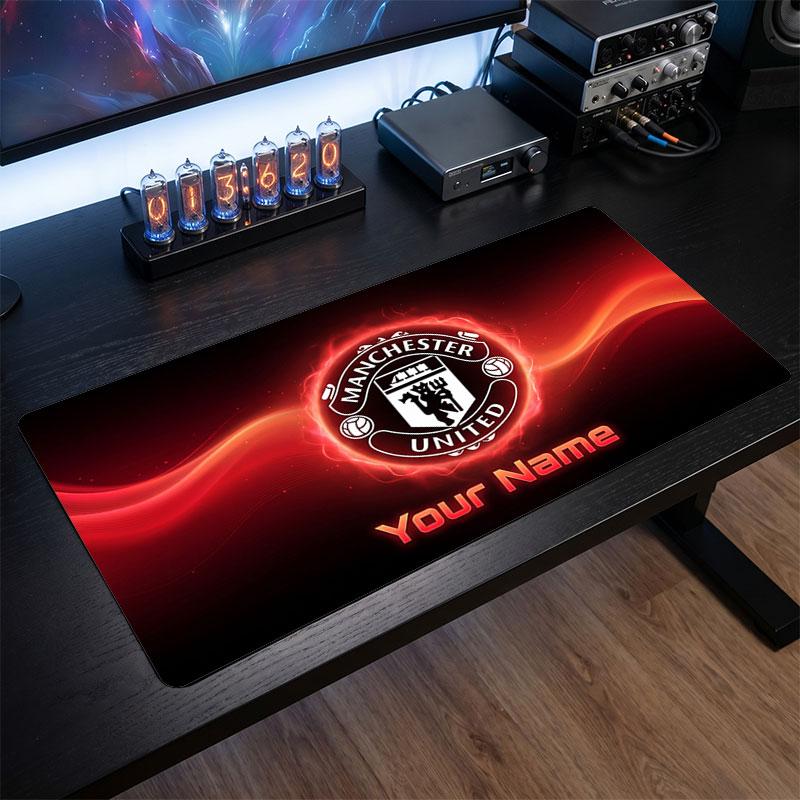 Tappetino per Mouse Grande Personalizzato Manchester United, Stampa Testo Nome Personalizzato, Tappetino da Scrivania Antiscivolo con Logo Calcio, Regalo per Gamer