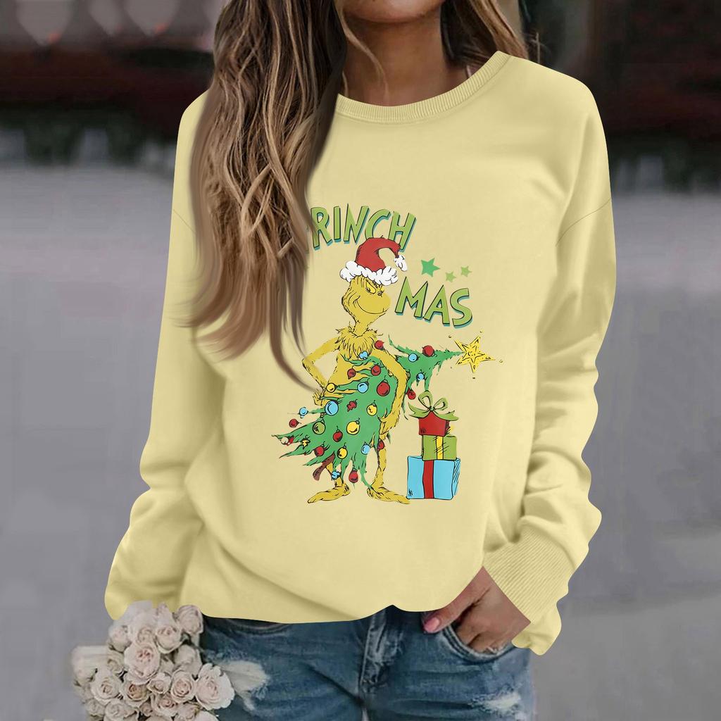 Women's Fashion Casual Long Sleeve Solid Color Christmas Printed Round Neck Top Sweatshirt
