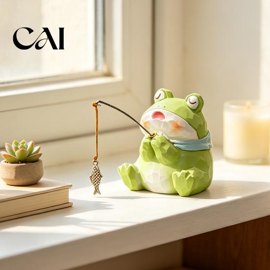 Office Desk Greenery Decor Leisure Fishing Frog/Cat/Panda/Bear Statue Ornaments, Clear Mini Vases Miniature Resin Cat Frog Panda Figurines Cute