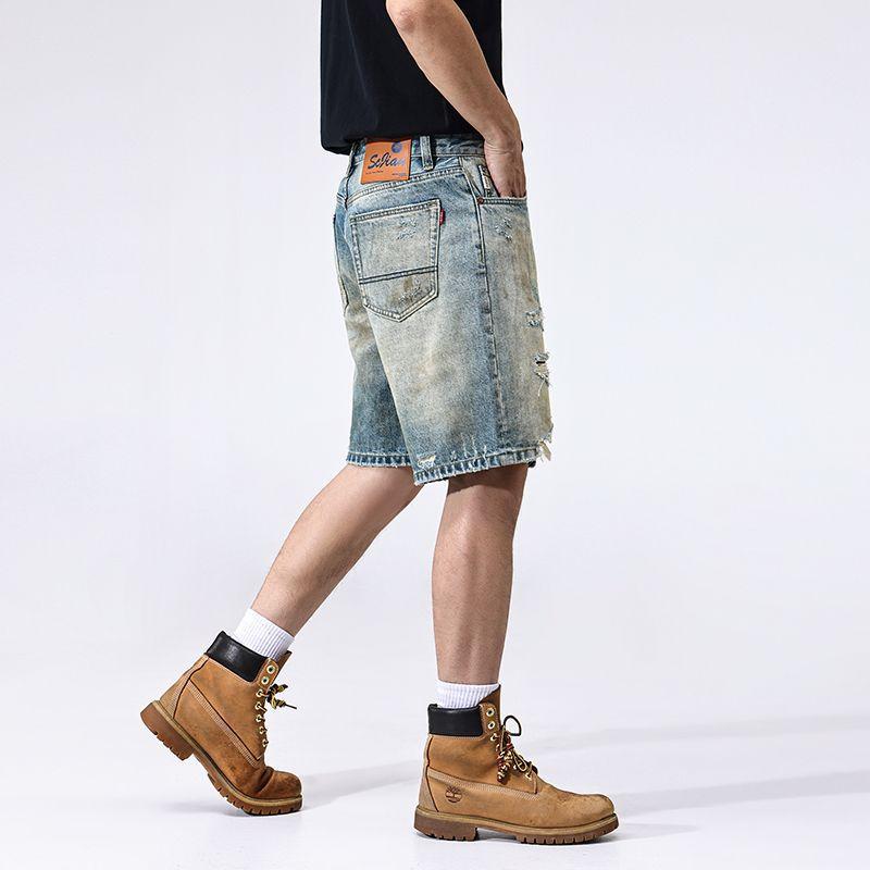 New Retro Ripped Denim Shorts Men's Summer Thin Five-point Pants Casual Mid-sized Pants