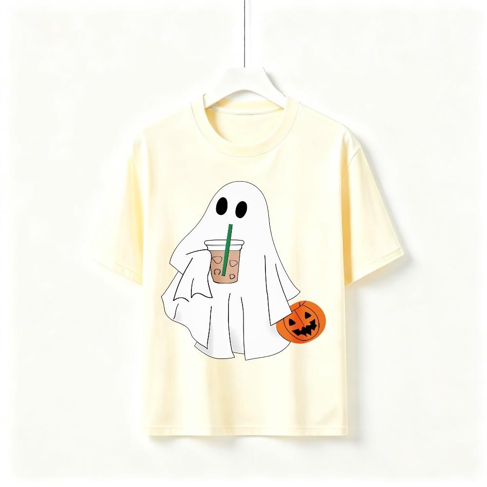 Halloween Ghost Coffee Lover Gift T-Shirt Fall Halloween Casual Graphic Tee
