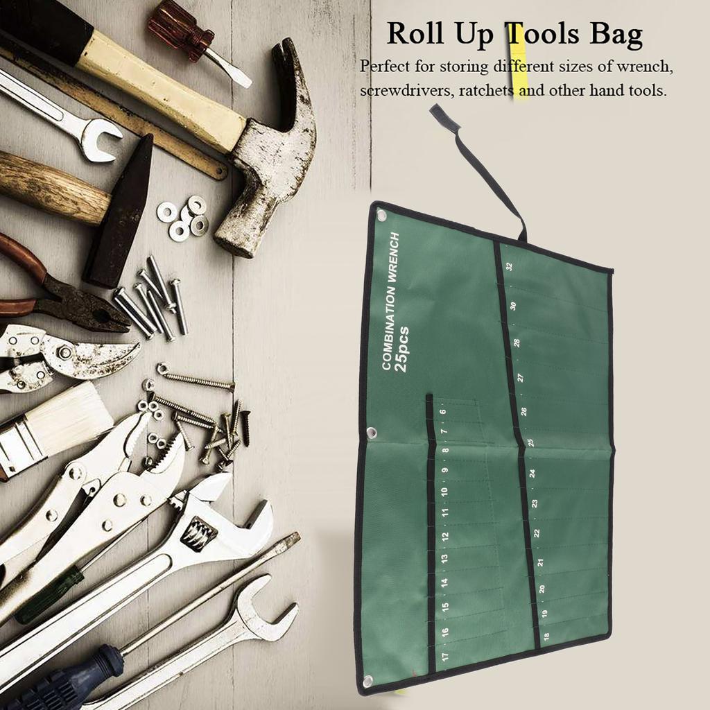 Multi Pocket Canvas Roll Up Tools Oppbevaringspose Snøkkeltang Nøkkelholder Organizer(25 lommer)