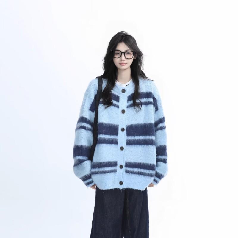 Unisex Oversized Knit Cardigan Sweater Striped Casual Long Sleeve Fall Outerwear Teens