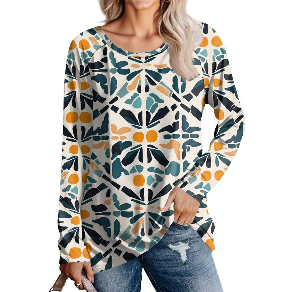 Women's Fashion Casual Long Sleeve  Print Round Neck Pullover Top Blouse