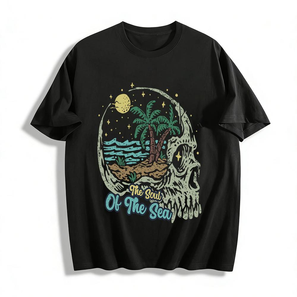 

Vintage Island Skull Print Tee The Soul Of The Sea Vacation Style Top Pure cotton T-shirt XXS