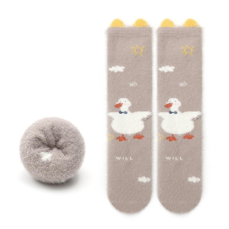Autumn Winter Sweet Stockings Bowknot Imitation Mink Socks Winter Plush Warm Home Sleeping Socks Cartoon Cute Furry Tube Socks