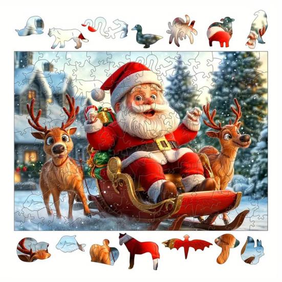 1 Set Puzzle din Lemn de Crăciun Vacanță de Iarnă Moș Crăciun Reni Sanie Puzzle Jucărie Educativă Decor pentru Casă