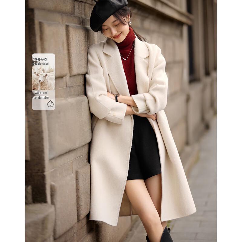 

Женское двустороннее шерстяное пальто с лацканами ручной работы L