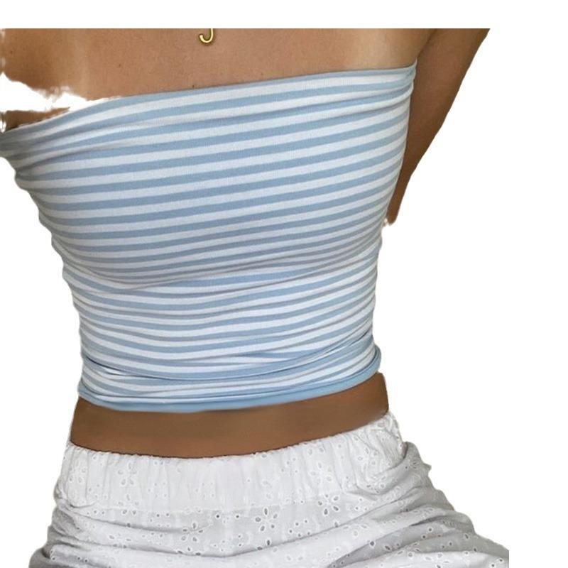 Simple style ins blue and white stripes basic versatile tube top American hot girl sexy backless slim slim and thin chest wrapping woman