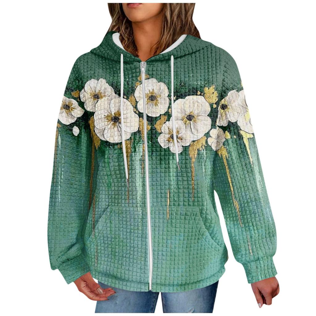 Damen Herbst und Winter Casual Fashion Hoodie Sweatshirt Bedruckte Reißverschlussjacke mit Taschen